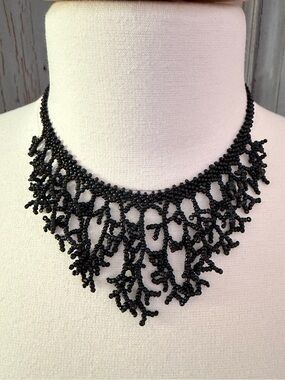 Handmade Black Beaded Lace Collar Necklace